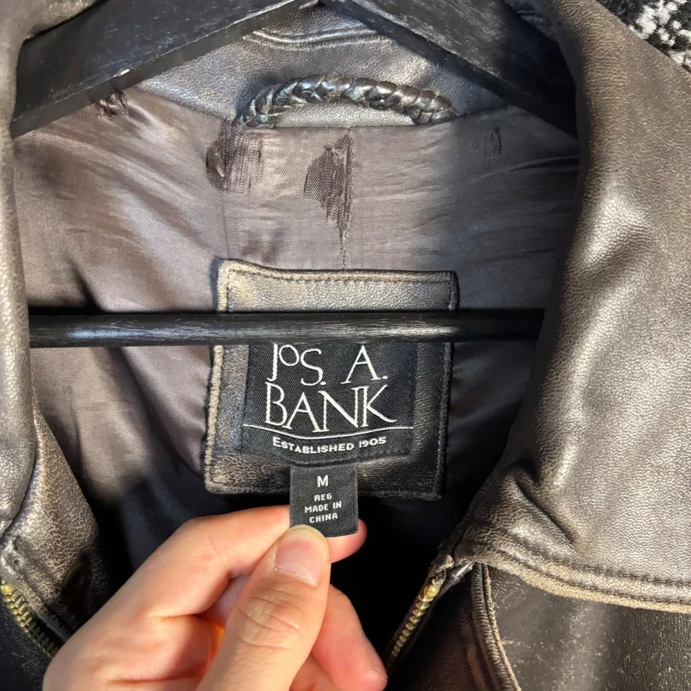 Jos A Bank Mens Brown Genuine Leather Bomber Jacket Full Zip Coat Size Medium - Picture 3 of 6